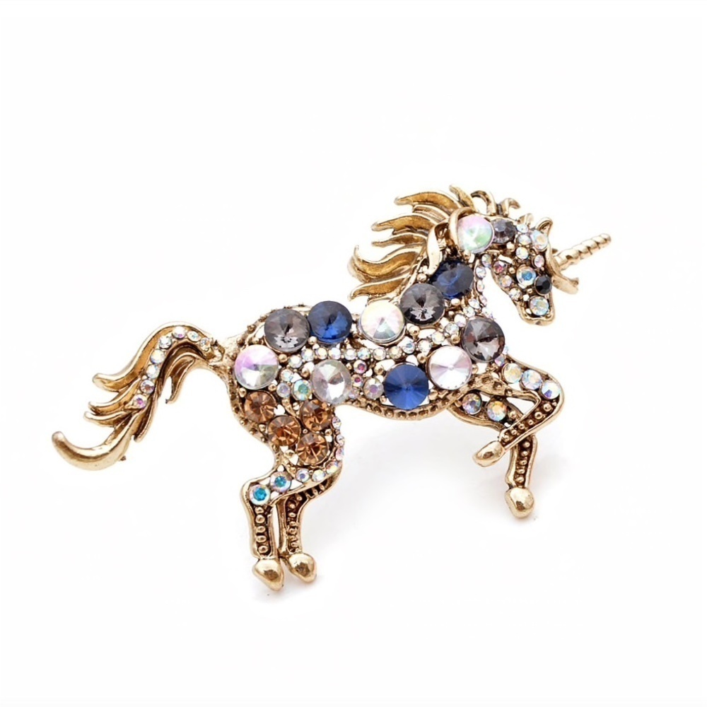 Blue Iridescent Crystal Unicorn Brooch